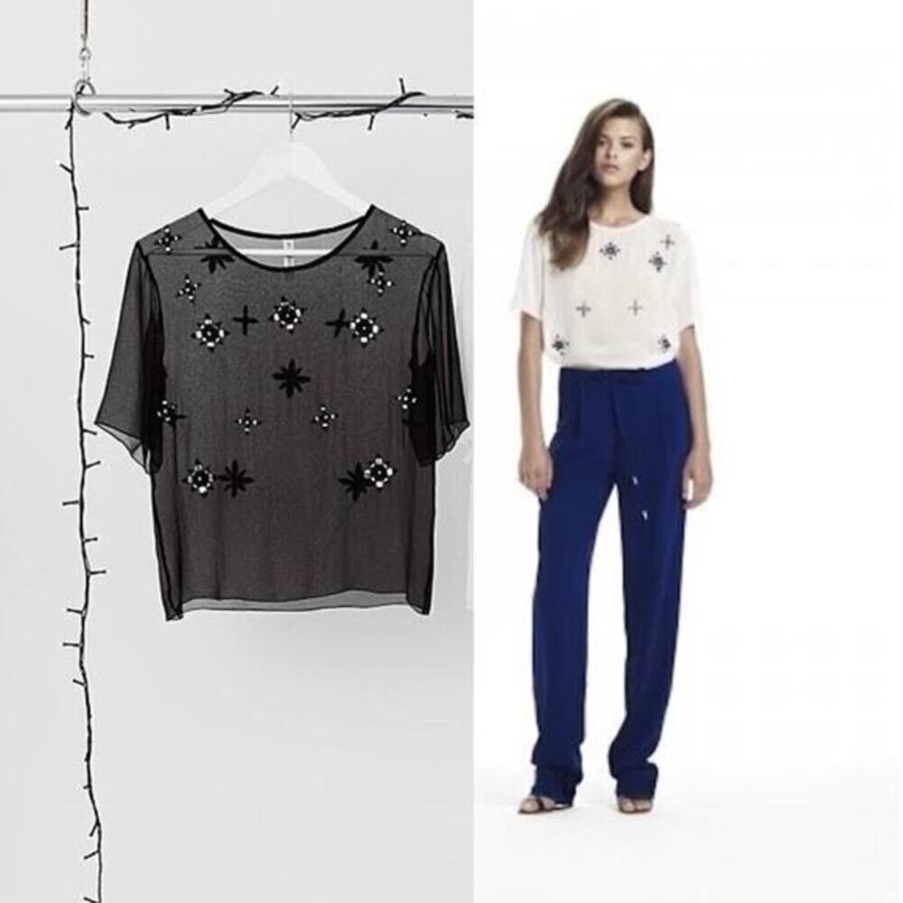 Bec & Bridge Black Silk Chiffon Sencha Star Embellished Short-Sleeve Tee Blouse